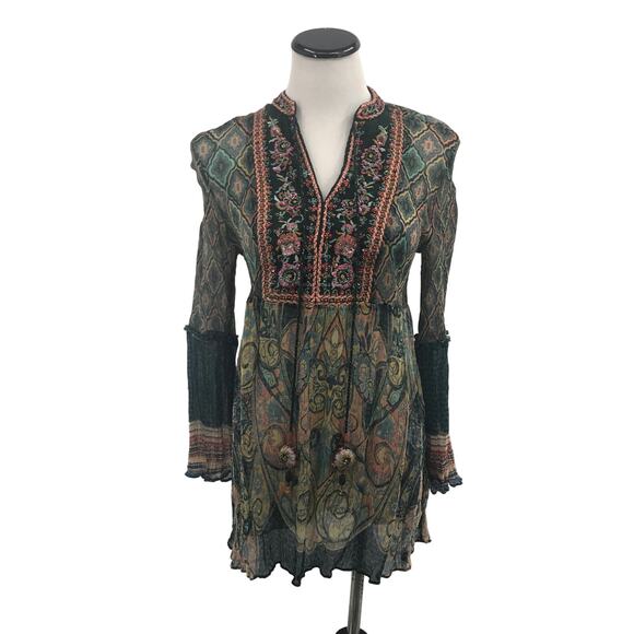 Soft Surroundings Shira Green Embroidered Tassel Neck Top - Picture 3 of 10